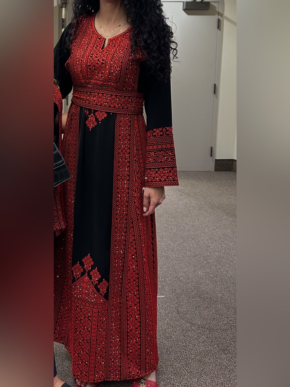 Embroidered Black Maxi Dress with Red Detailing